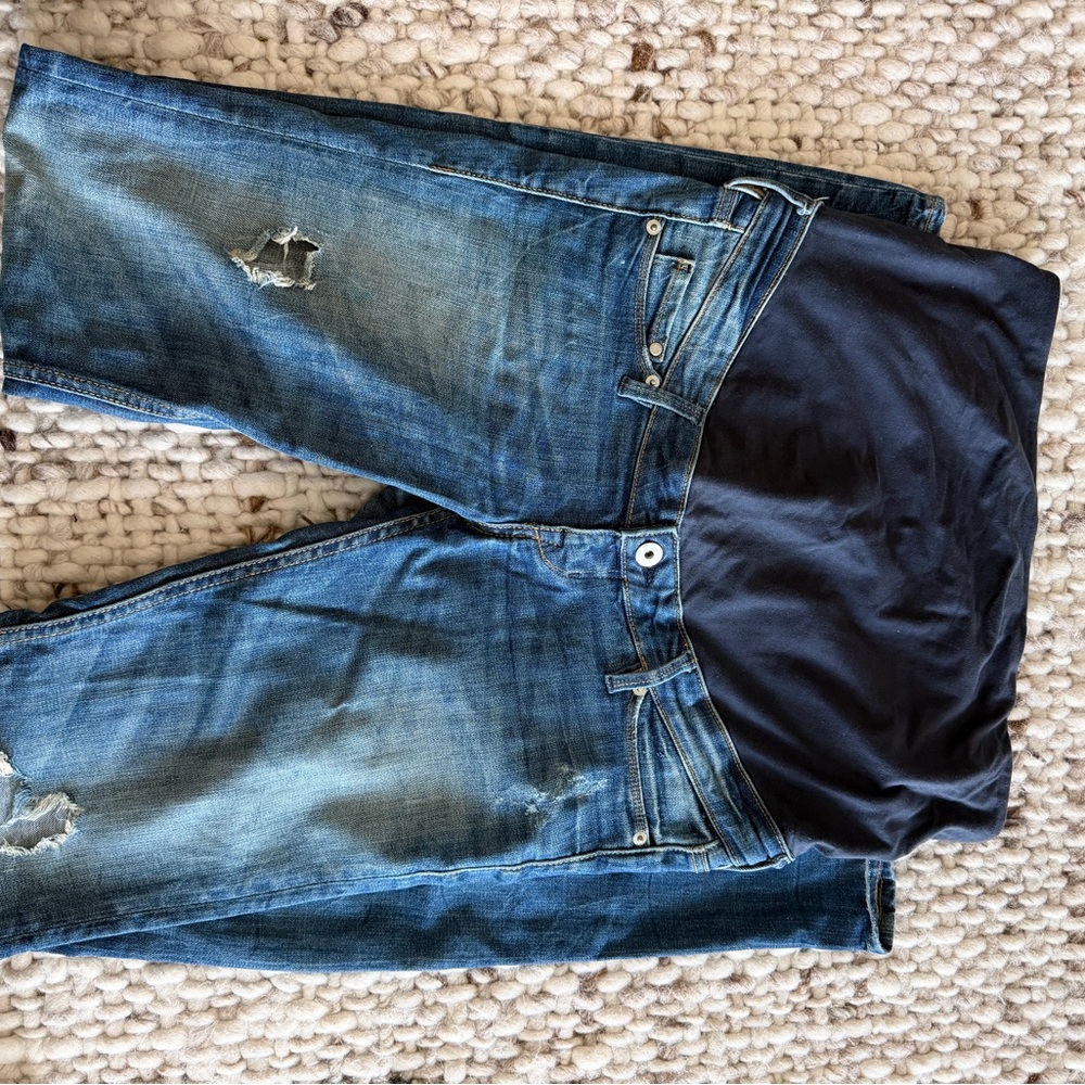 Maternity Distressed Blue Denim Jeans with Dark Blue Panel